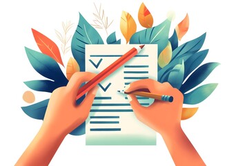 A digital illustration features hands marking a document