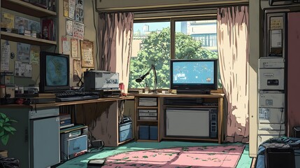 Cozy cluttered room with a window view, featuring vintage electronics and greenery outside.