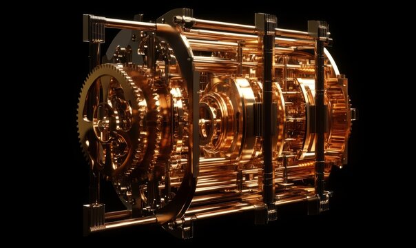Quantum computer isolated on black. Golden gear, quantum computing, quantum cryptography, steampunk, Q bits, parallel computing