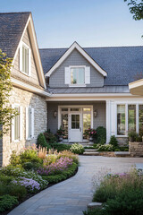 A front view of an elegant, grey shingle house with stone accents and white trim, showcasing its traditional farmhouse charm. The entrance is framed by lush greenery and colorful flowers in the garden