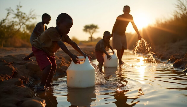 An image of children collecting water from a distant source, highlighting the challenges of accessing clean water and the daily struggles faced by communities