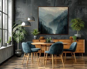 Fototapeta premium Modern Dining Room with Black Wall and Scandinavian Interior Design