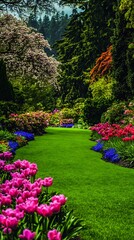 Obraz premium Radiant spring garden of colorful flowers and greenery basking in sun.