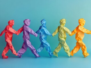 Teamwork paper chain people together holding hands