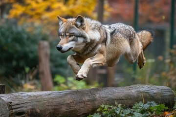 Fototapeta premium A wolf leaps over a fallen log in a forest setting.