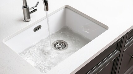 Fototapeta premium Leakage and sink repairing concept. Water Flowing in Modern Kitchen Sink