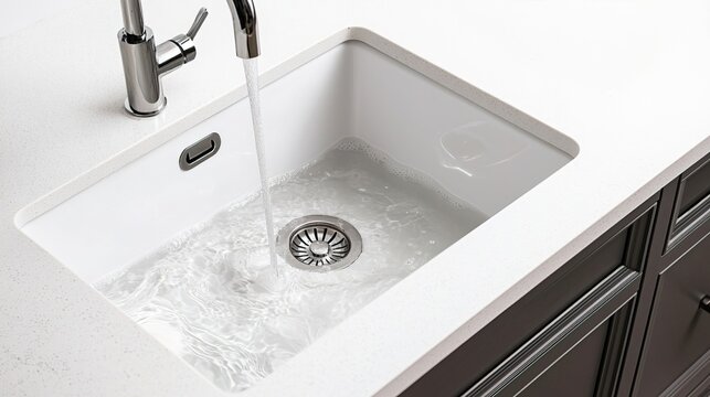 Leakage and sink repairing concept. Water Flowing in Modern Kitchen Sink