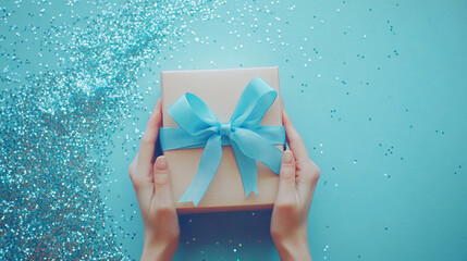 "Unwrapping Joy: A Craft Paper Gift Box with Blue Satin Ribbon"