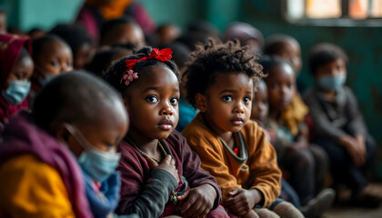 Children waiting for medical attention in an overcrowded clinic, highlighting the healthcare access crisis and the challenges faced by underserved communities