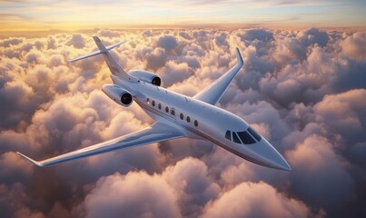 Obraz premium White private business jet on the background of the sunset in the sky, fluffy clouds. Business flights, private jet, luxury life, corporate travel, luxury travel.