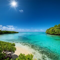 Tropical Coastal Lagoon With Calm Turquoise Waters, Surrounded by Mangroves and Sandy Shores, Under the Bright Midday Sun and Clear Blue Skies in a Remote Island Setting