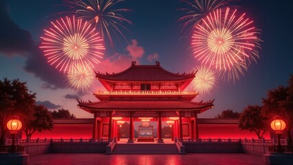 Fototapeta premium A vibrant image of a Chinese temple at night with fireworks exploding in the sky. Concept of a Chinese New Year celebration.