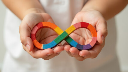 Close-up of a person's hands holding an infinity symbol painted with the colors of the autism spectrum. Concept of autism rights movement. World Autism Awareness Day