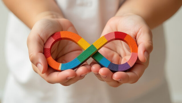 Close-up of a person's hands holding an infinity symbol painted with the colors of the autism spectrum. Concept of autism rights movement. World Autism Awareness Day