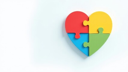 A colorful heart-shaped puzzle is fully assembled, representing the unique and complex nature of autism. Concept of autism rights movement. World Autism Awareness Day