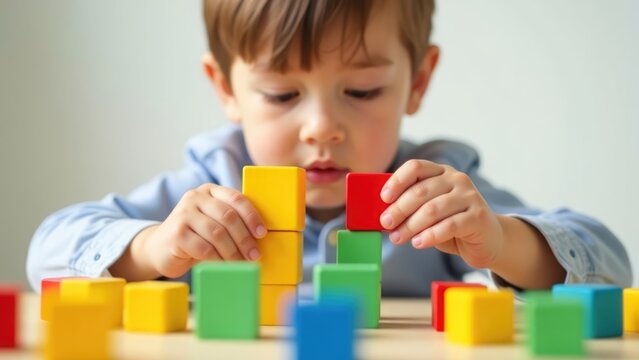 A young boy with autism is attentively building a tower of colorful blocks, demonstrating focus and fine motor skills. Concept of autism spectrum disorder and early childhood development through play