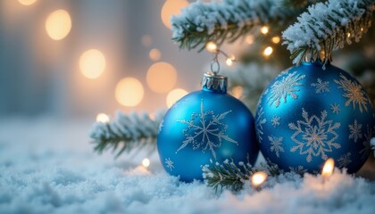 Fototapeta premium Two stunning blue ornaments, adorned with delicate snowflake designs, rest on a bed of soft, white snow, illuminated by warm, twinkling lights in the background. The scene captures the enchanting
