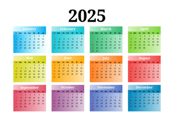 Calendar for 2025 isolated on a white background