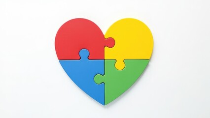 A colorful heart-shaped puzzle is fully assembled, representing the unique and complex nature of autism. Concept of autism rights movement. World Autism Awareness Day