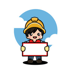 A cartoon character in a yellow helmet holds a blank sign with a blue sky and clouds background