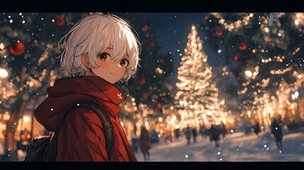 Fototapeta premium A cheerful young boy enjoys a snowy evening by a beautifully lit Christmas tree.