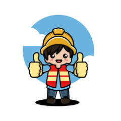 A cartoon construction worker with a yellow helmet and red vest gives two thumbs up, smiling.