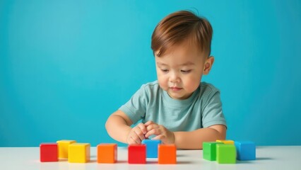 A young child concentrates intently on stacking colorful blocks, showcasing the focus and engagement often seen in play-based therapies for autism. World Autism Awareness Day