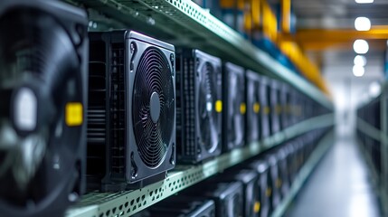 A row of black computer fans are lined up on a shelf