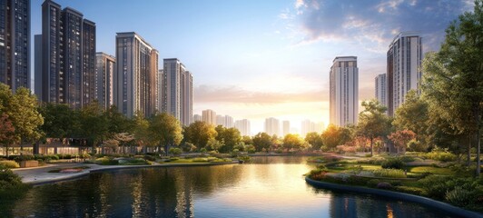 Obraz premium Serene Cityscape: Modern Architecture Meets Tranquil Waters