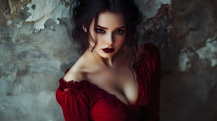 Fototapeta premium A woman in a red dress with dark makeup and hair