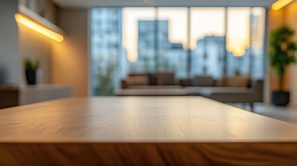 Wooden Tabletop with City View Through Window