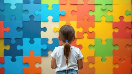 A young girl with her back to the camera observes a large, colorful jigsaw puzzle, representing the complexities of autism. World Autism Awareness Day