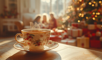 Floral teacup with steam on a wooden table, surrounded by holiday decor. Background shows a Christmas tree, gifts, and family scene. Ideal for themes of warmth, tradition, and festive spirit