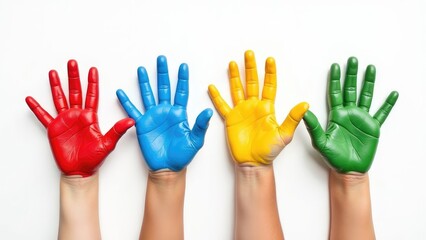 Four hands, painted in vibrant primary colors, are held up against a white background, symbolizing the diverse individuals within the autism spectrum. Concept of autism's vibrant diversity. 