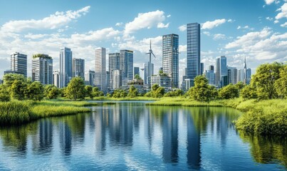 This photo showcases a sustainable city with a river in front, embracing the concept of renewable energy
