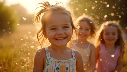 Kids joyfully playing outside, their faces lit up with smiles, capturing the pure essence of childhood happiness and carefree moments