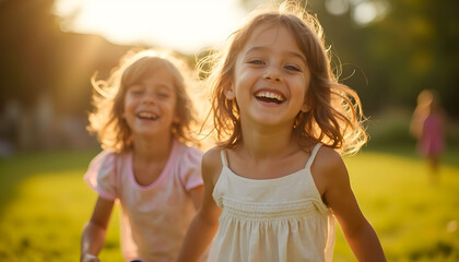 Kids joyfully playing outside, their faces lit up with smiles, capturing the pure essence of childhood happiness and carefree moments