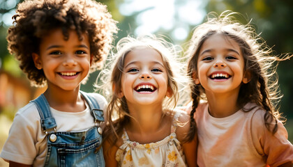 Kids joyfully playing outside, their faces lit up with smiles, capturing the pure essence of childhood happiness and carefree moments