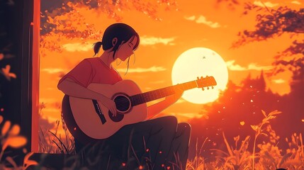 A young Asian woman playing guitar at sunset in a serene outdoor setting.