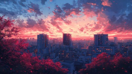 Obraz premium Stunning sunset over a vibrant city skyline with dramatic clouds and autumn foliage.