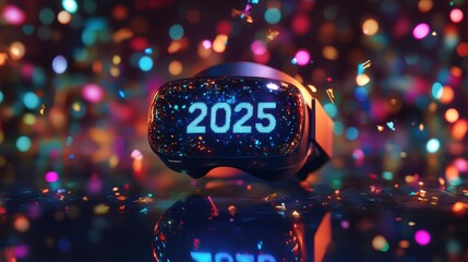 Virtual reality headset displaying '2025' in holographic text, surrounded by colorful digital confetti, set on a sleek reflective surface, capturing a futuristic and celebratory atmosphere