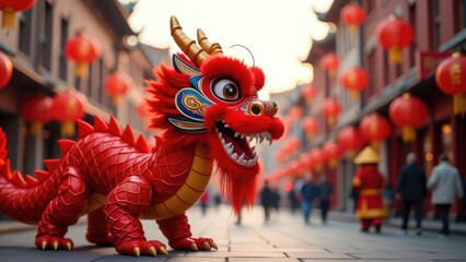 A cheerful red Chinese dragon puppet stands on a city street adorned with red lanterns, creating a festive Chinese New Year scene. Concept of Chinese New Year street celebration.