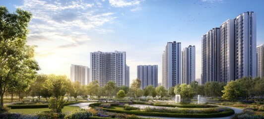 Fototapeta premium Modern Architectural Marvel: High-Rise Buildings and Lush Greenery