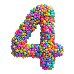 Number 4 made of bright multi-colored glossy balls. Digit four. Ideal for kid's zone, playroom decor, children’s design, festive themes. Rainbow mixed random spheres formed creative font. 3d rendering