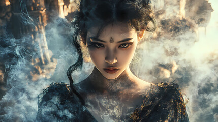 Fototapeta premium Smoke curls around the ruins, veiling a provocative asian beauty with darkened skin and eyes, enigma unraveling in. Enigma. Illustration