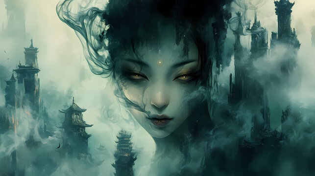 Smoke curls around the ruins, veiling a provocative asian beauty with darkened skin and eyes, enigma unraveling in. Enigma. Illustration