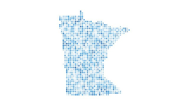 Minnesota dotted digital map. Map of Minnesota with pulsating colored circles. Shape of the US state filled with blue disks. Creative video.