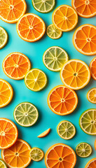 Obraz premium Citrus Fruit pattern on blue background. Orange, Lime, Lemon slices background. Flat lay, top view. Banner, seamless pattern, creative summer food concept.. Pop art design, creative summer concept,