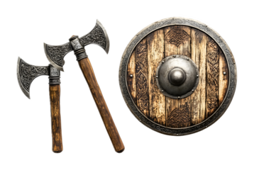 A Viking shield and axes, isolated on a white background