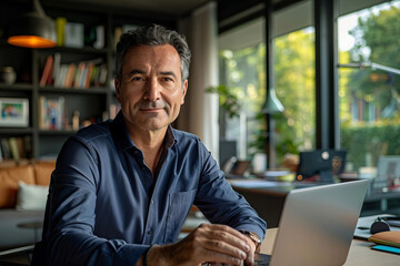 Businessman Engaging in Video Conference with Colleague Using Hybrid Laptop in Office Setting.